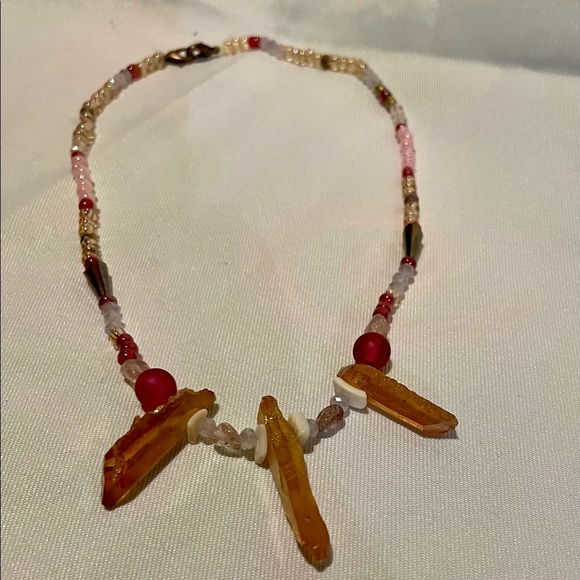 Handmade Red, Pink, & Gold Crystal & Beaded Statement Necklace - Picture 2 of 5